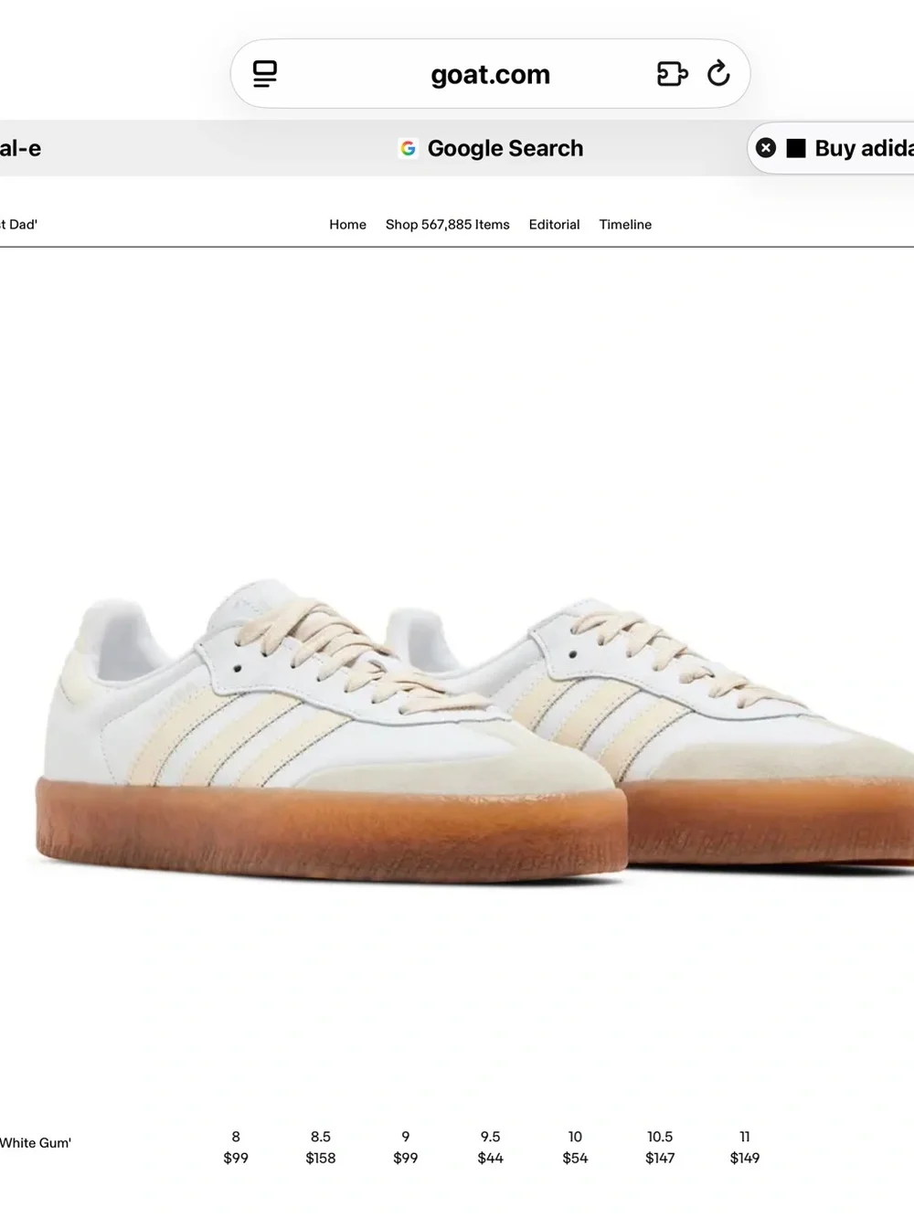adidas Samba Leather Sneaker in White and Cream with Gum Sole - Picture 2 of 7